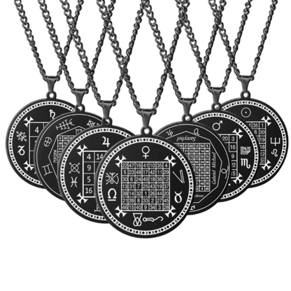 Seven black metal pendant necklaces with detailed magic squares and zodiac symbols, arranged in a fan shape against a plain white background.