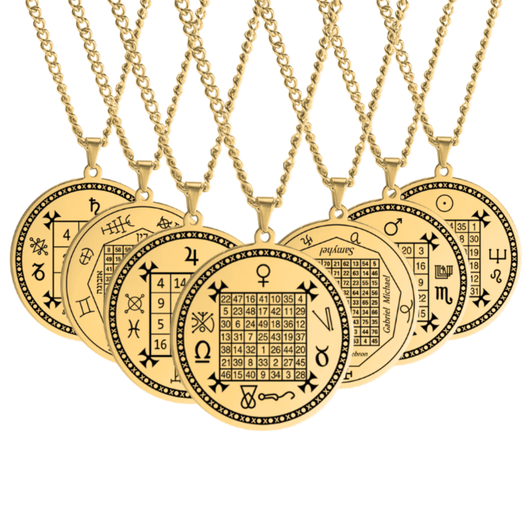 Seven gold-toned pendant necklaces arranged in a fan on a plain white background. Each necklace has a round pendant with a magic square chart design and zodiac symbols.