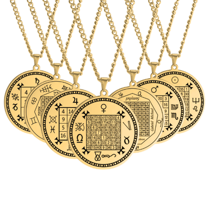 Seven gold-toned pendant necklaces arranged in a fan on a plain white background. Each necklace has a round pendant with a magic square chart design and zodiac symbols.