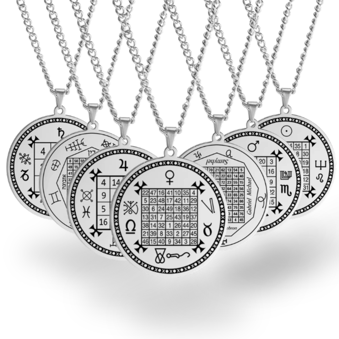Seven silver-toned round pendant necklaces arranged in a fan, each showing a different magic square design with numbers on a white background.