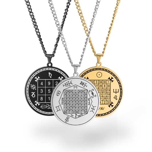 Three circular pendant necklaces with intricate occult-style symbols and grids, shown in black, silver, and gold finishes on a clean white background.