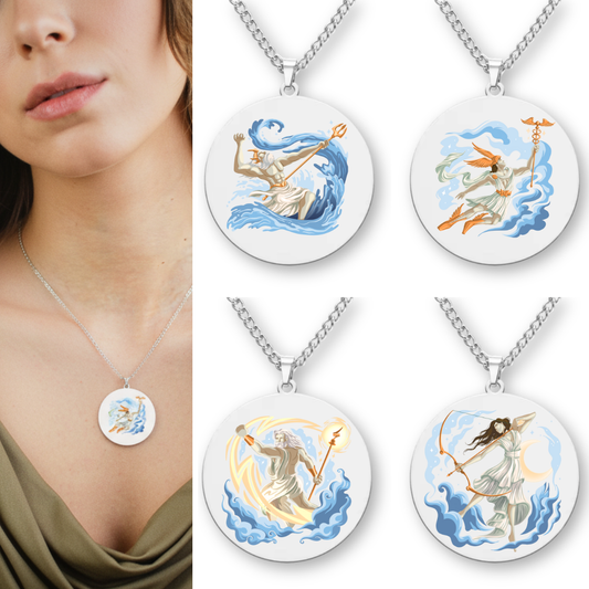 Necklace with Greek Deity pendants featuring Zeus, Artemis, Poseidon and Hermes  designs, worn by a person.