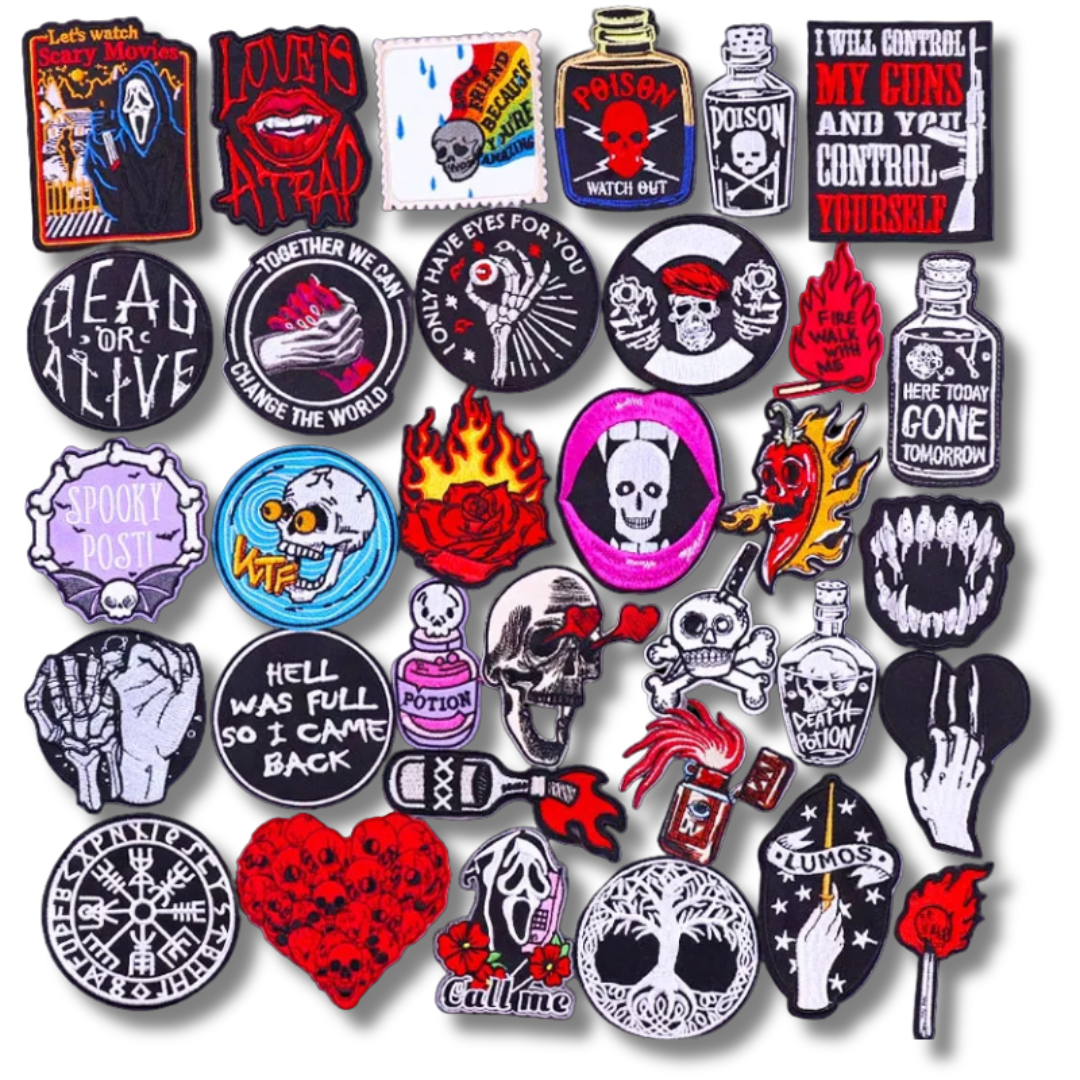 Collection of various patches with different designs on a white background
