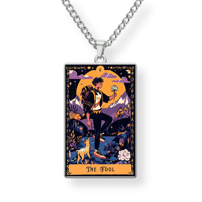 Necklace with 'The Fool' tarot card pendant on a white background