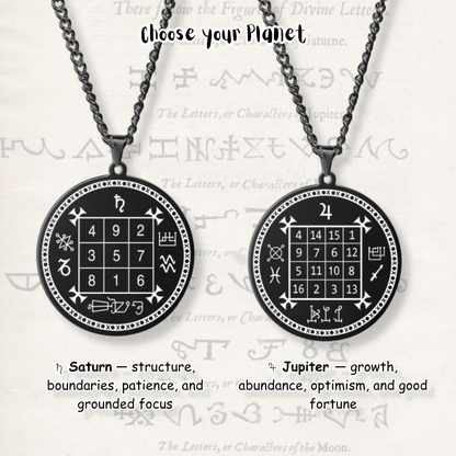 Two black circular pendant necklaces on chains, shown side by side with magic squares grids and explanatory text about planet themes. The background is a light parchment-style surface with faint script.