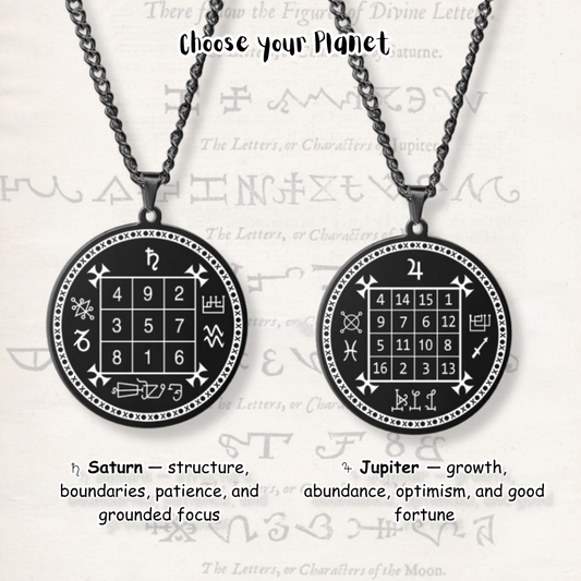 Two black circular pendant necklaces on chains, shown side by side with magic squares grids and explanatory text about planet themes. The background is a light parchment-style surface with faint script.