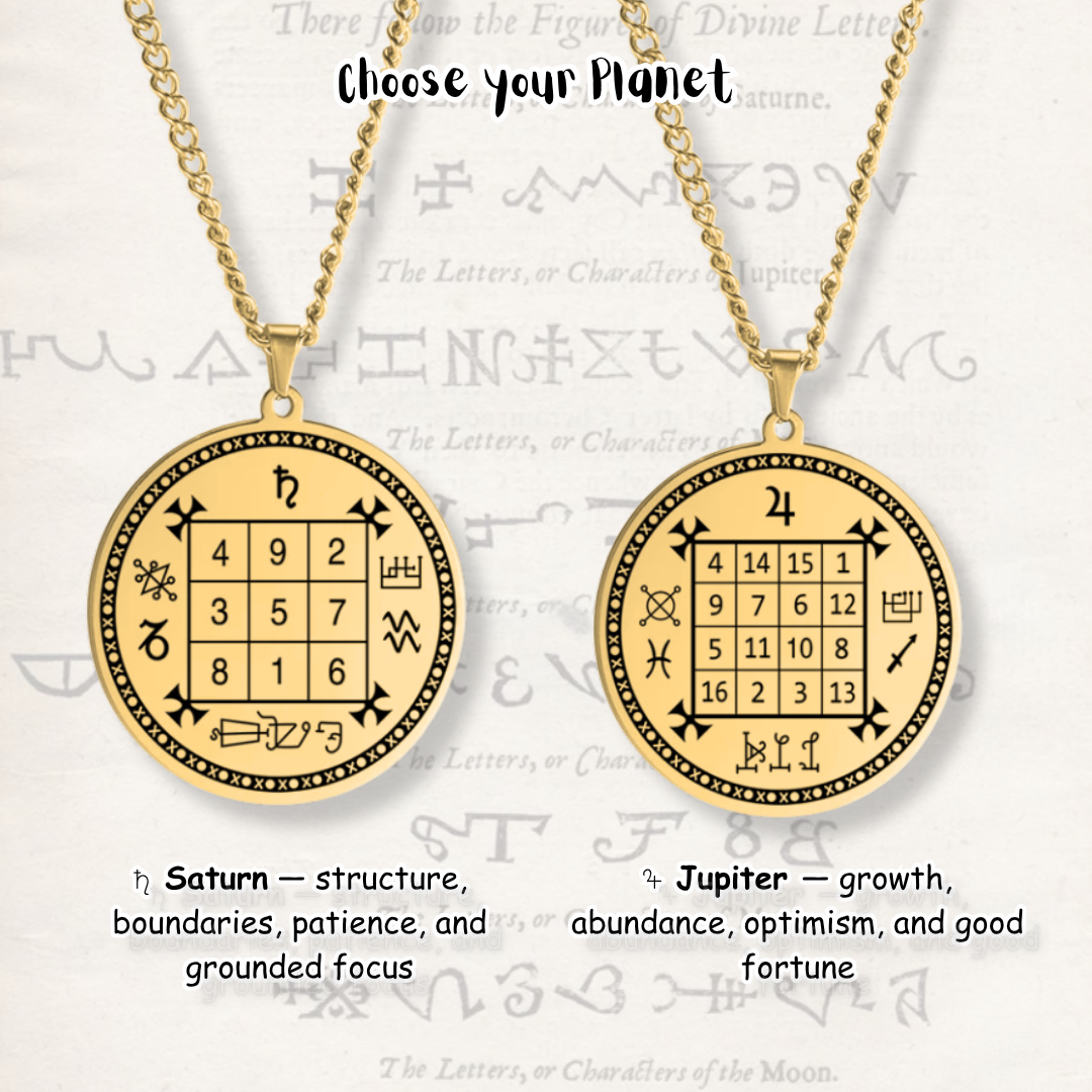 Two gold-toned pendant necklaces displayed on a light textured background with astrological text. Each necklace has a round pendant with a magic square grid and symbols, and the top text reads 'Choose your Planet' with labels below describing Saturn and Jupiter pendants.