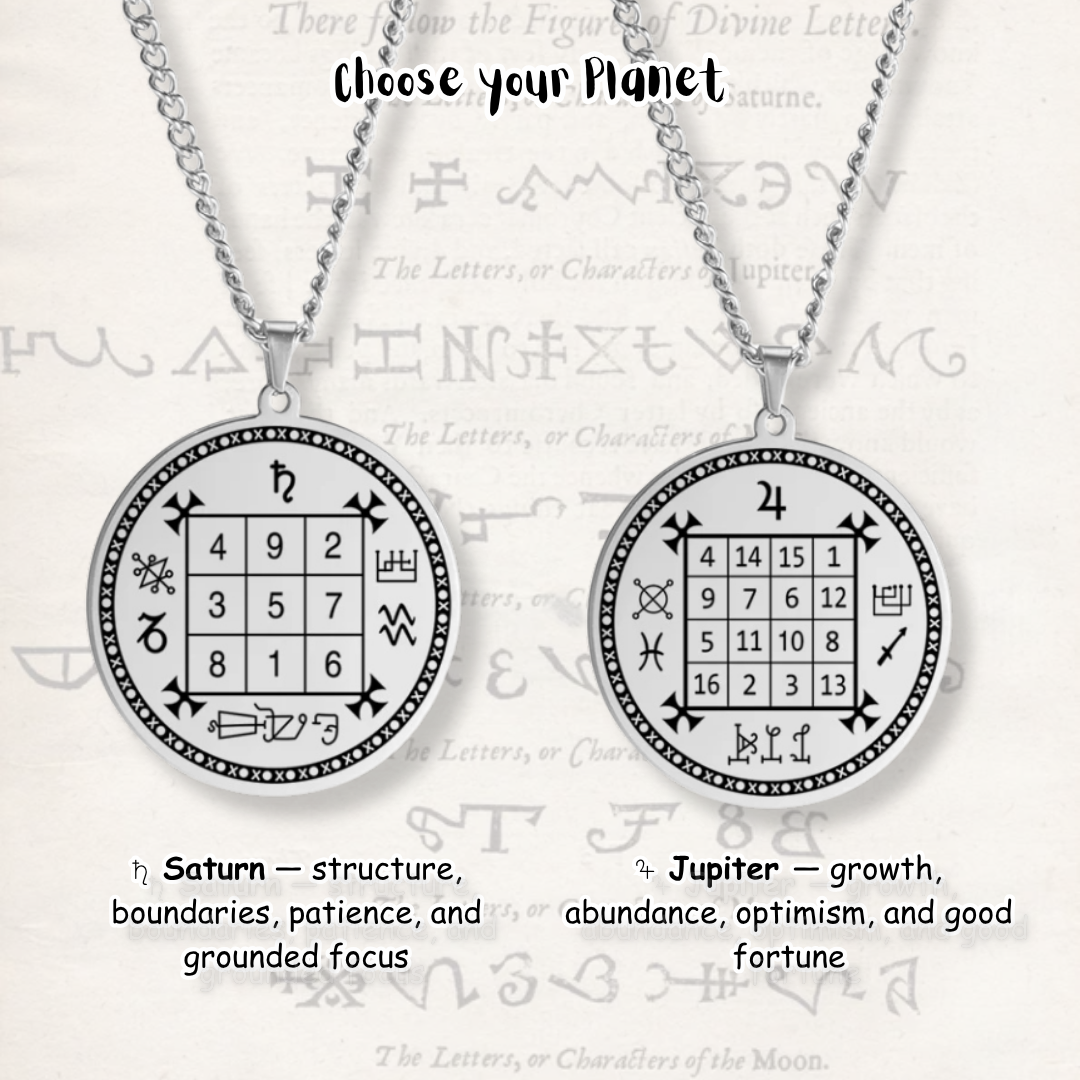 Two silver-toned pendant necklaces displayed on a light textured background with astrological text. The left shows a circular pendant with a magic square grid and symbols labeled for Saturn, and the right shows the  magic square with labels for Jupiter.
