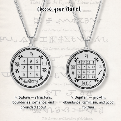 Two silver-toned pendant necklaces displayed on a light textured background with astrological text. The left shows a circular pendant with a magic square grid and symbols labeled for Saturn, and the right shows the  magic square with labels for Jupiter.