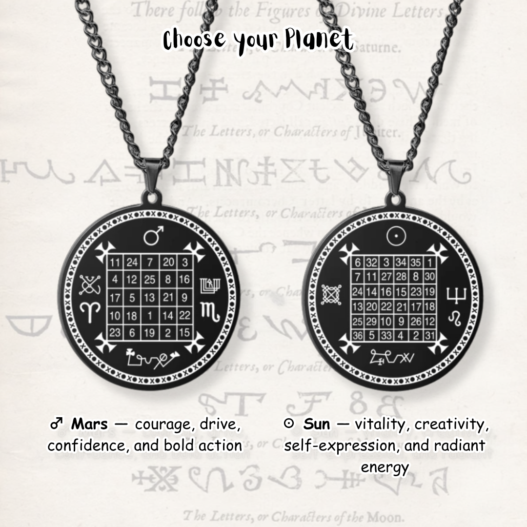 Two black circular pendant necklaces on chains, shown side by side with astrological zodiac symbols and magic squares on the pendants. Text above reads 'Choose your Planet' and text below lists Mars and Sun meanings.