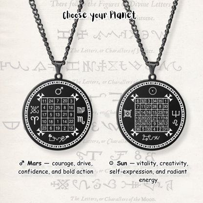 Two black circular pendant necklaces on chains, shown side by side with astrological zodiac symbols and magic squares on the pendants. Text above reads 'Choose your Planet' and text below lists Mars and Sun meanings.