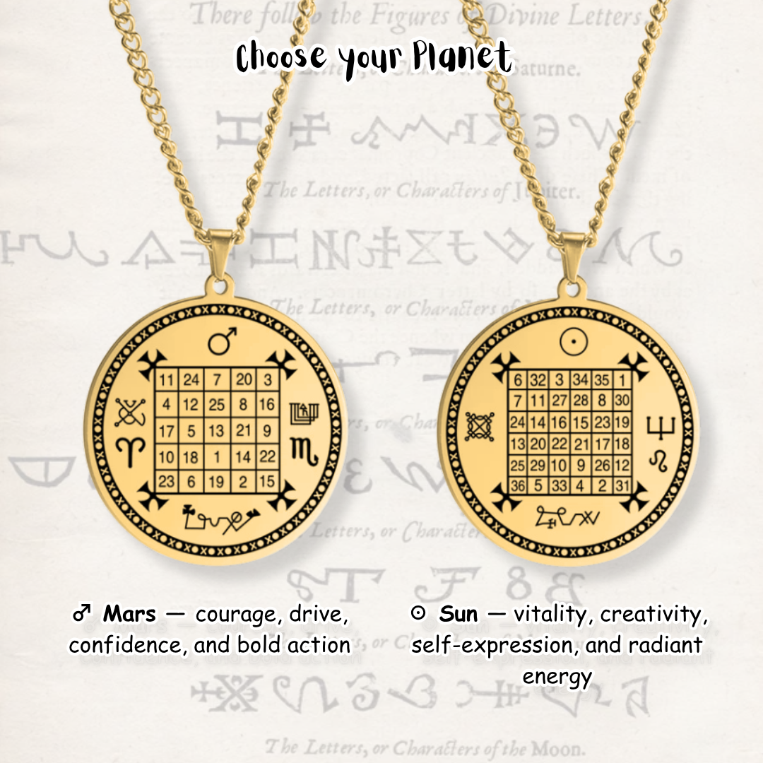 Two gold-toned pendant necklaces with circular zodiac-themed plates on chains, displayed on a light textured background with text explaining planetary meanings. One pendant shows astrological symbols and a magic square grid, and the other shows a moon symbol above a similar magic square grid.