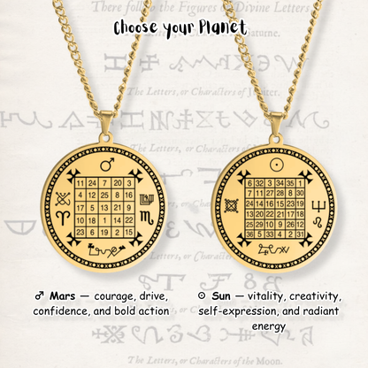 Two gold-toned pendant necklaces with circular zodiac-themed plates on chains, displayed on a light textured background with text explaining planetary meanings. One pendant shows astrological symbols and a magic square grid, and the other shows a moon symbol above a similar magic square grid.
