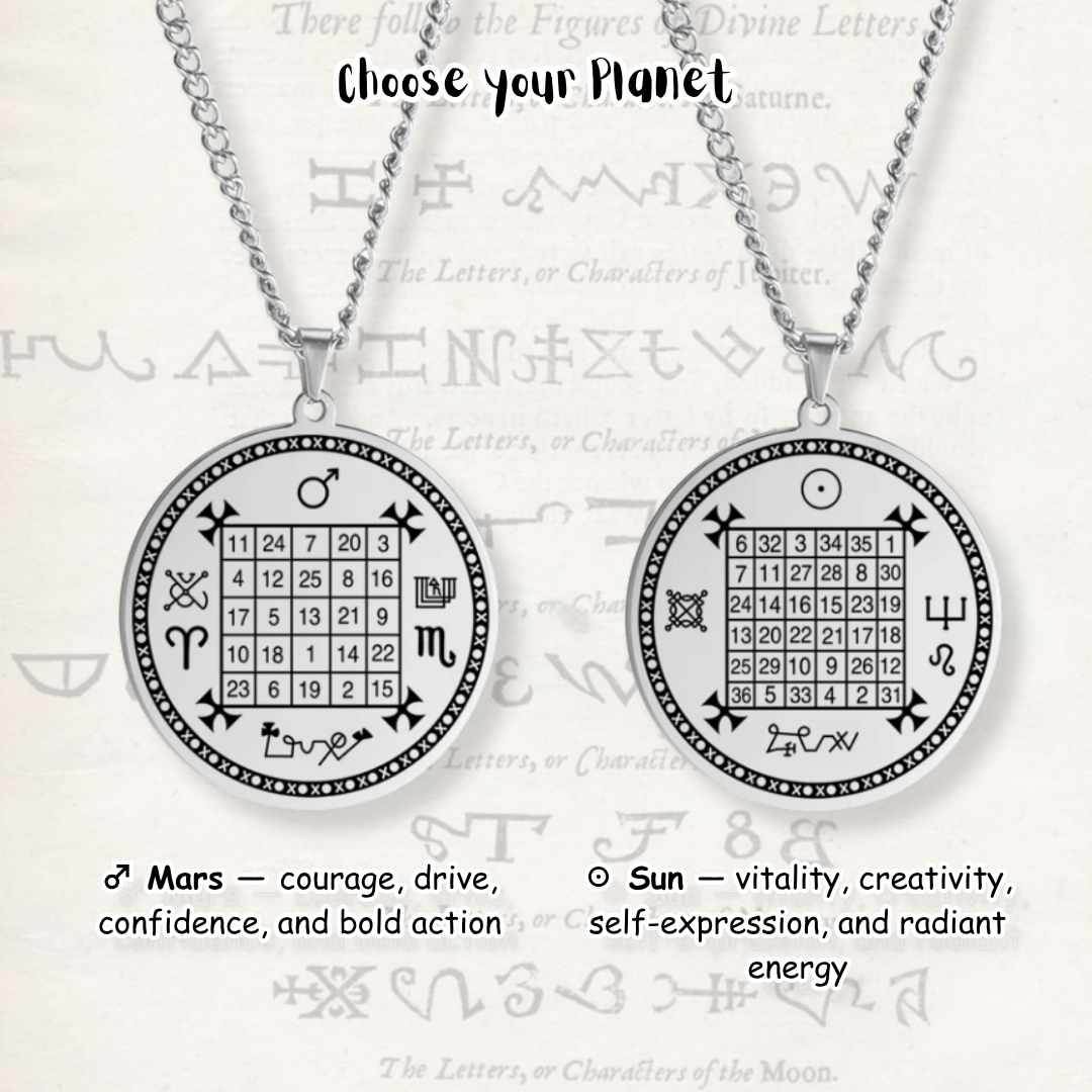 Two silver pendant necklaces displayed side by side on a light textured background. Each necklace has a round silver pendant on a silver chain, featuring a magic square numeric grid design.