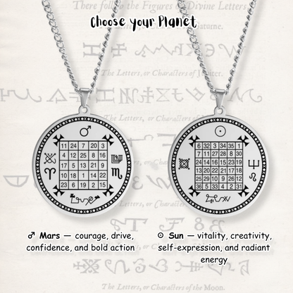Two silver pendant necklaces displayed side by side on a light textured background. Each necklace has a round silver pendant on a silver chain, featuring a magic square numeric grid design.