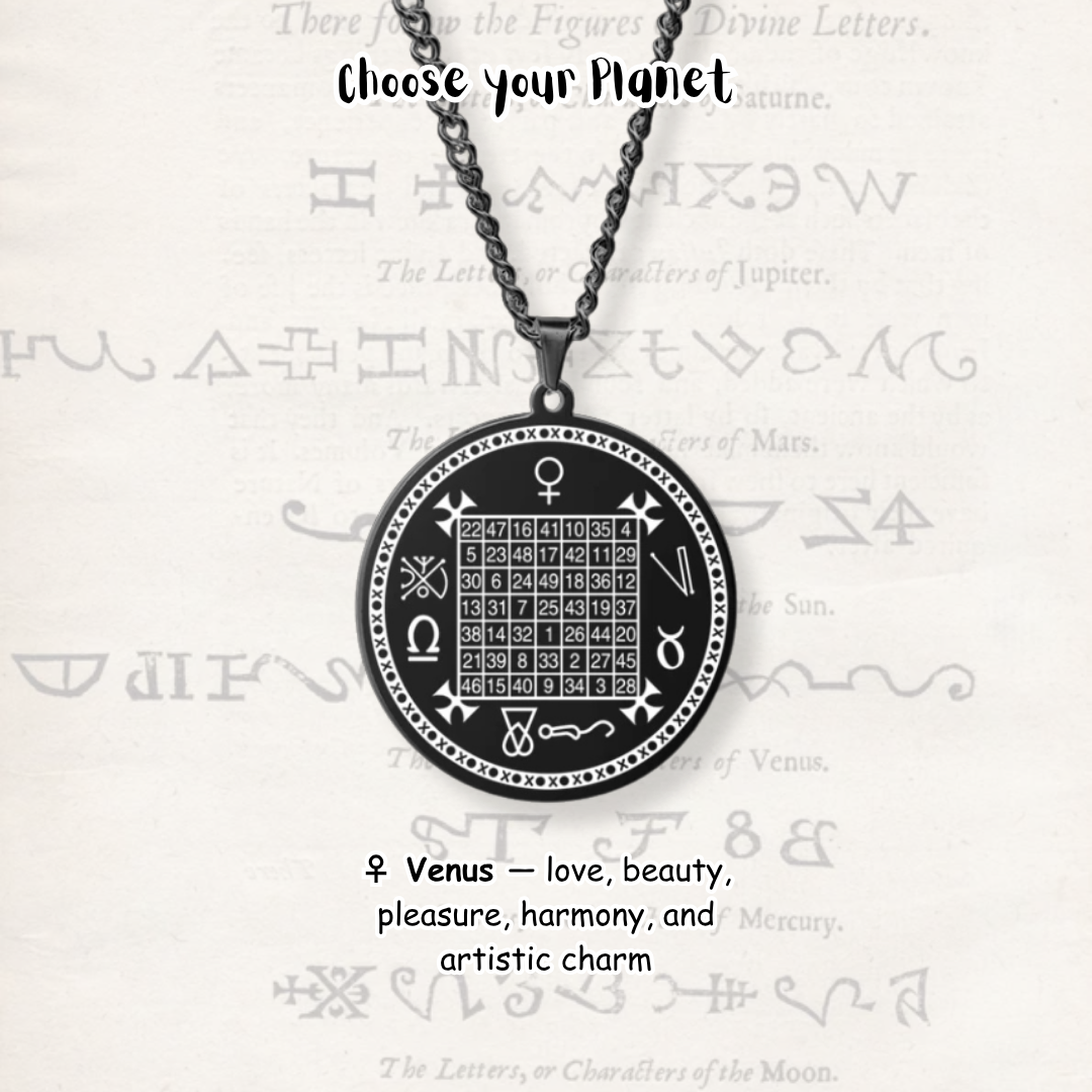 A black circular pendant necklace with a white occult-style magic square grid and symbols, hanging from a black chain against a light parchment background with decorative text overlays.