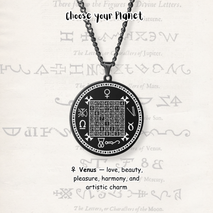 A black circular pendant necklace with a white occult-style magic square grid and symbols, hanging from a black chain against a light parchment background with decorative text overlays.