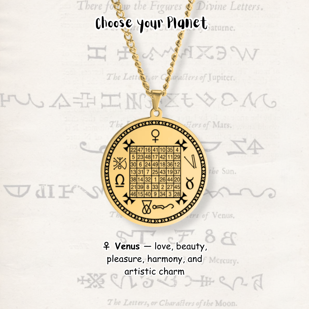 A gold pendant necklace with a circular astrological design featuring a magic square grid and symbols, hanging from a gold chain against a light parchment-style background with printed script and text overlays.
