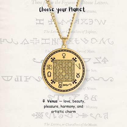 A gold pendant necklace with a circular astrological design featuring a magic square grid and symbols, hanging from a gold chain against a light parchment-style background with printed script and text overlays.