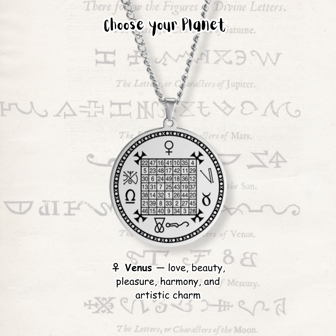 A silver-toned pendant necklace featuring a black occult-style magic square grid and symbols, suspended from a silver chain against a light parchment-like background with decorative text overlays.
