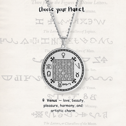A silver-toned pendant necklace featuring a black occult-style magic square grid and symbols, suspended from a silver chain against a light parchment-like background with decorative text overlays.