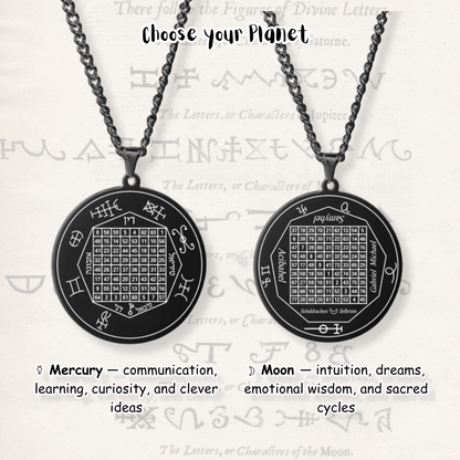 Two black circular pendant necklaces displayed side by side on a light parchment-style background with astrological text. The left pendant is labeled Mercury and the right pendant is labeled Moon, both featuring a central magic square grid design and surrounded by astrological symbols.