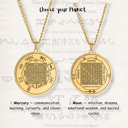 Two gold-toned pendant necklaces displayed on a light textured background with astrological text. One pendant is labeled Mercury and the other Moon, both featuring a magic square grid design and engraved symbols.