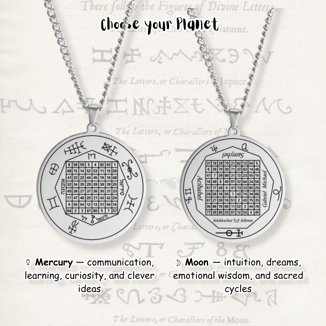 Two silver pendant necklaces displayed side by side on a light textured background with astrological magic squares. The left necklace is labeled Mercury and the right necklace is labeled Moon.