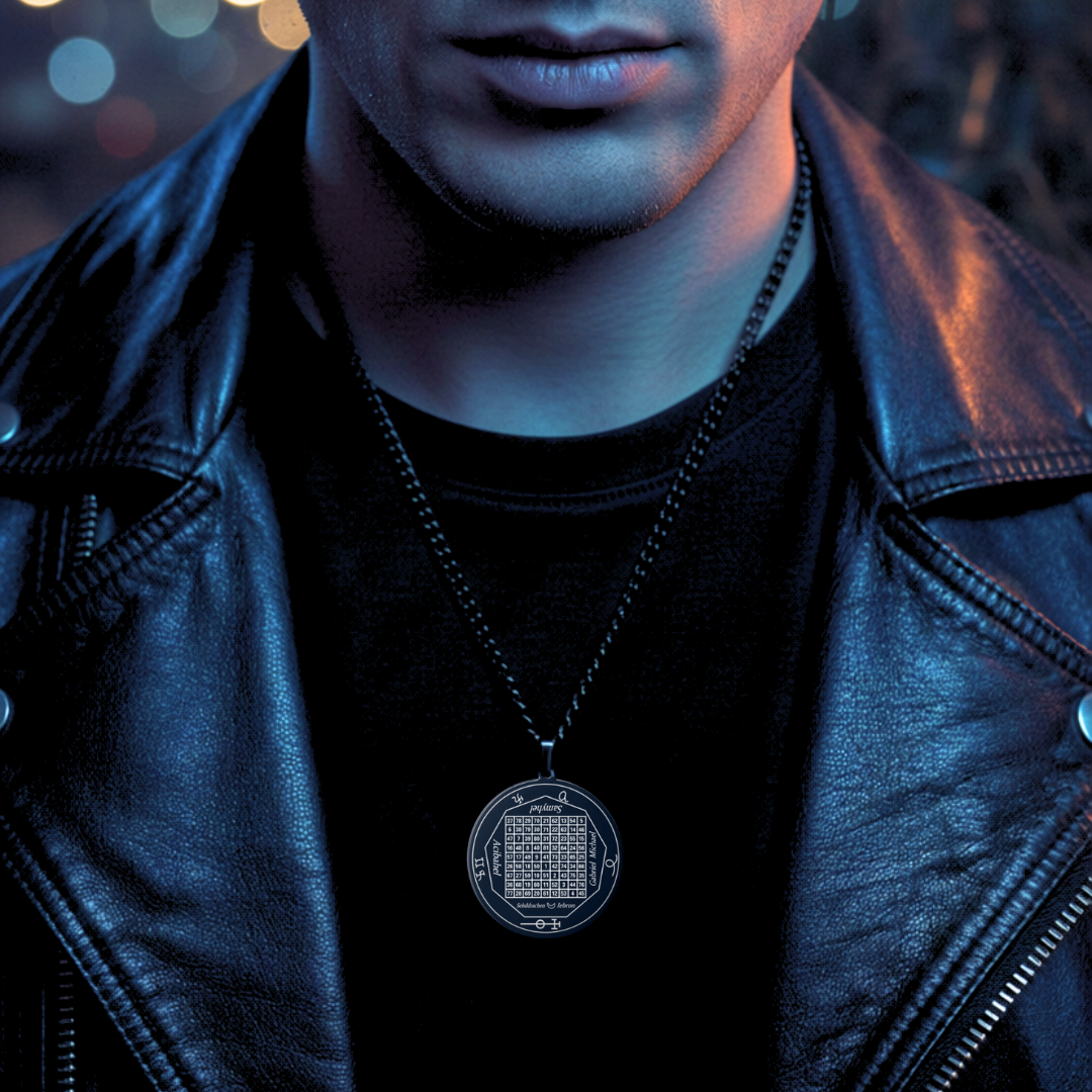 A close-up lifestyle shot of a man wearing a black leather jacket and a black t-shirt, featuring a black-toned pendant necklace with a detailed magic square design.