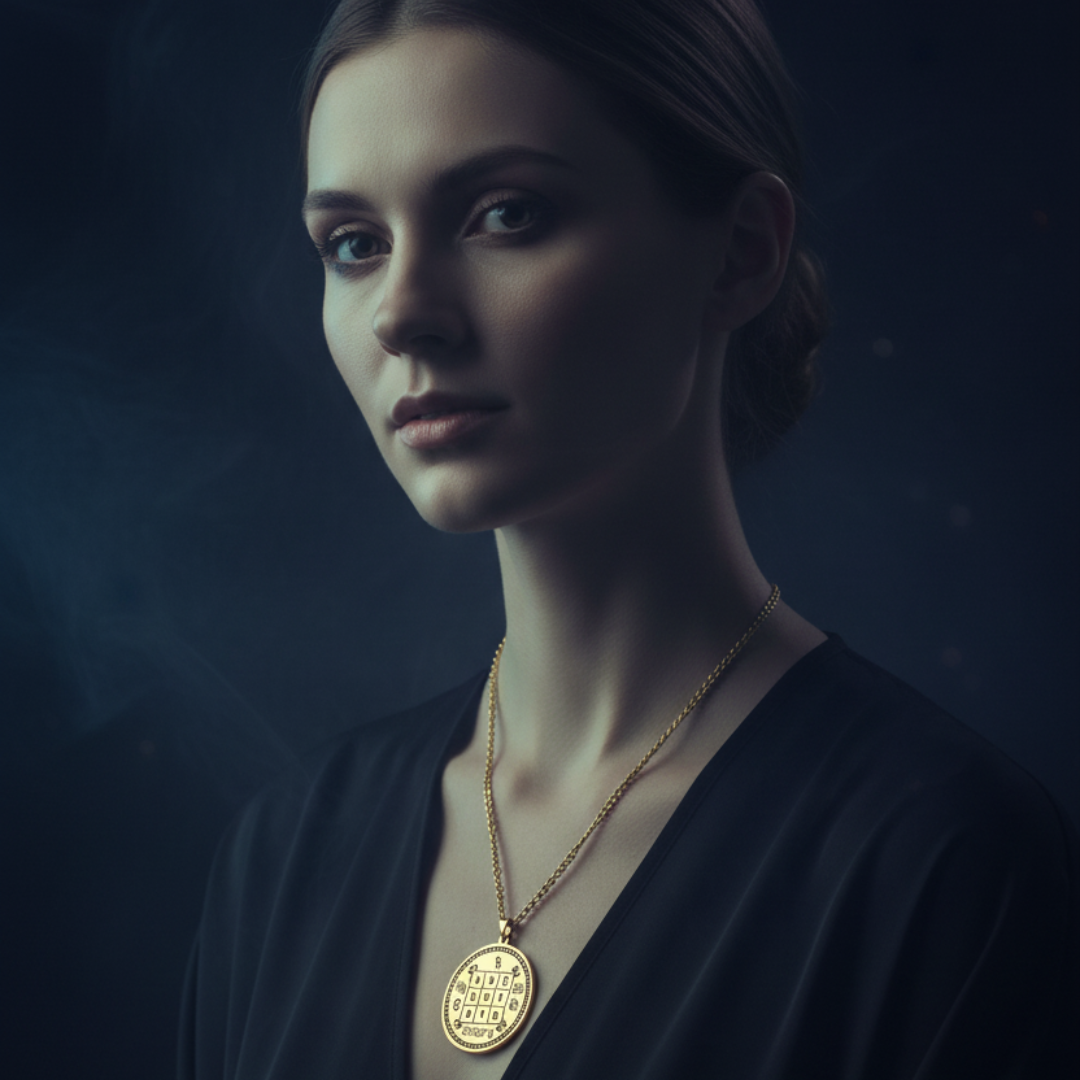 A woman in a dark V-neck top wears a delicate gold chain necklace with a round, gold-embossed pendant, set against a dark, moody background.