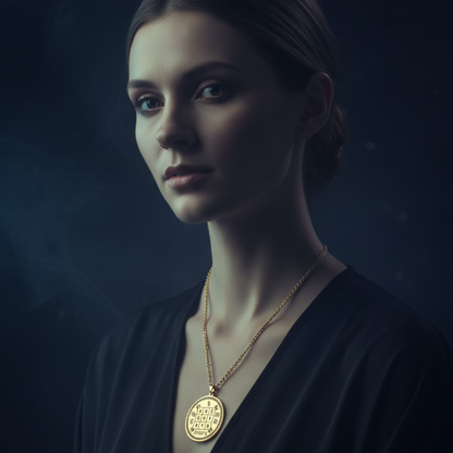 A woman in a dark V-neck top wears a delicate gold chain necklace with a round, gold-embossed pendant, set against a dark, moody background.