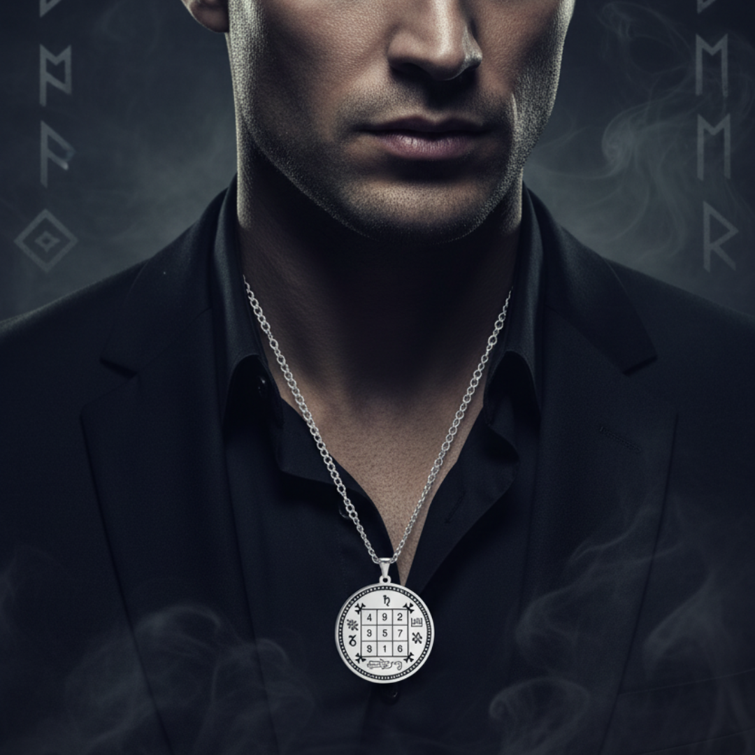 A man in a black suit and open-collar shirt wears a silver pendant necklace with a magic square design, set against a dark smoky background with rune-like symbols.