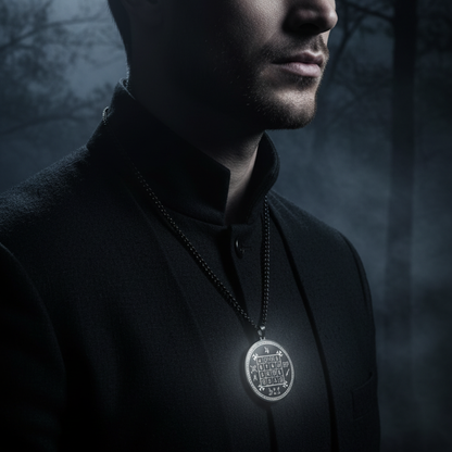 A man in a black high-collar jacket wearing a black circular pendant necklace with an engraved magic square, set against a dark, misty forest background.