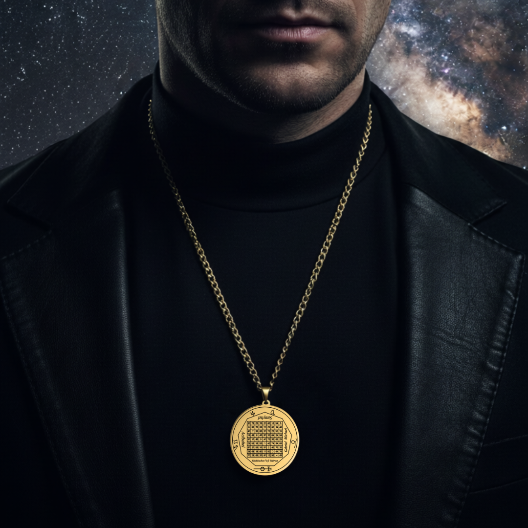 A gold pendant necklace worn by a man in a black turtleneck and black leather jacket, with a dark cosmic space background.