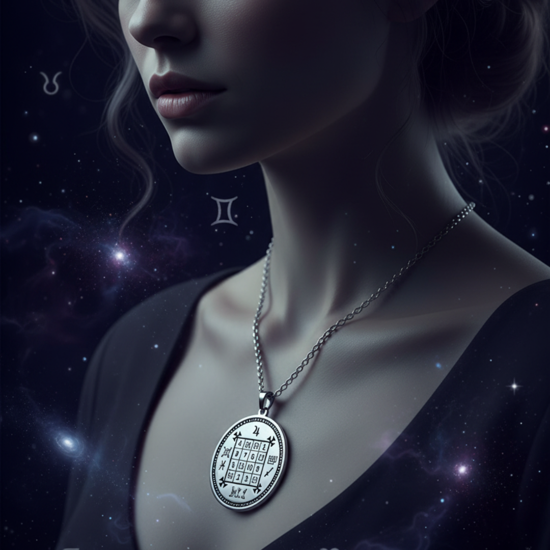 A close-up of a woman wearing a silver pendant necklace with an astrological magic square design, set against a dark, starry cosmic background.