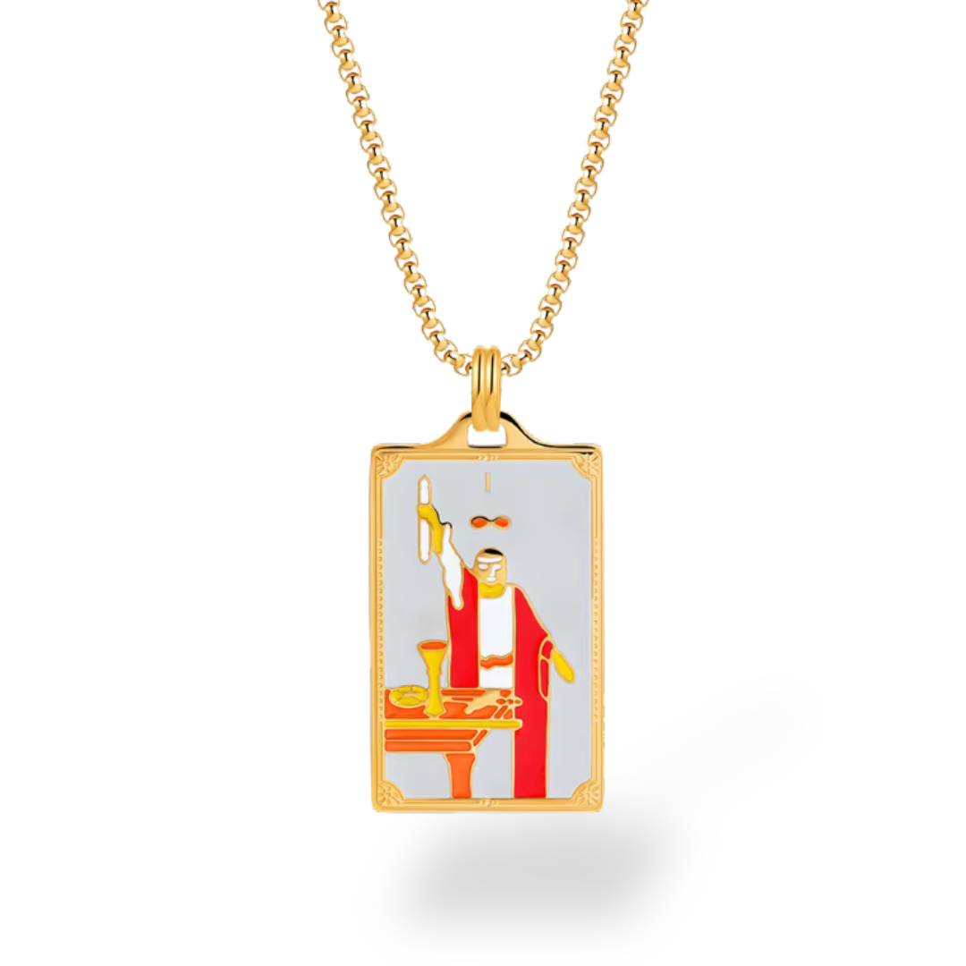 Gold necklace with a pendant featuring a religious figure on a white background