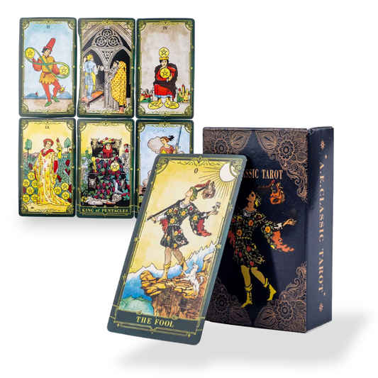 Set of tarot cards with detailed artwork and a box labeled 'A. E. Classic Tarot' on a white background.