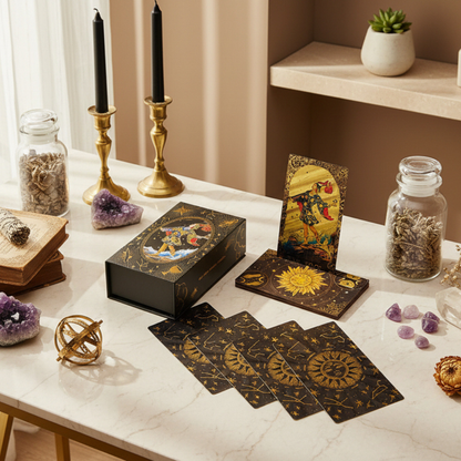 Decorative table setup with tarot cards, candles, and crystals in a home setting.