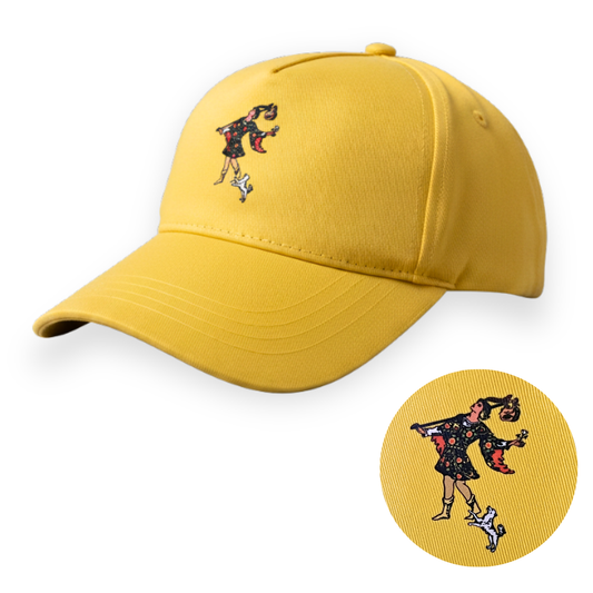 Bright yellow baseball cap featuring an embroidered The Fool tarot card motif on a clean white backdrop