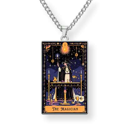 Necklace with a pendant featuring 'The Magician' tarot card design on a white background