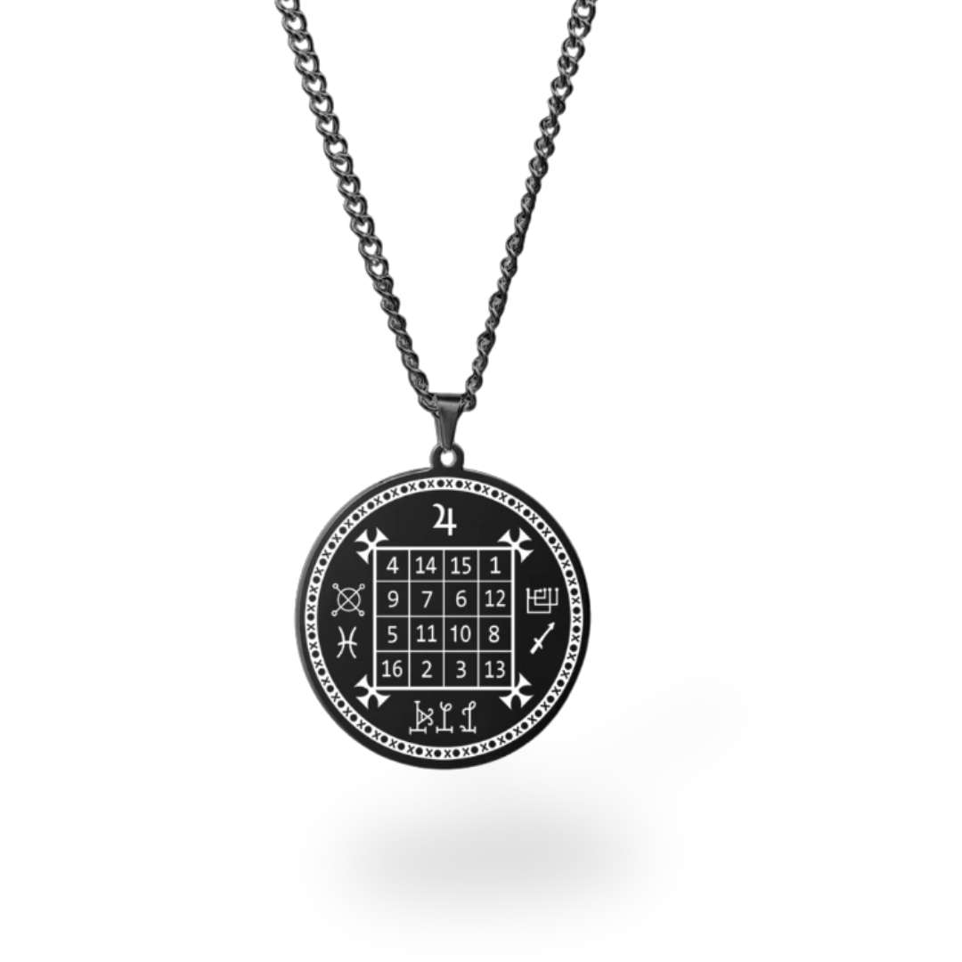 A black circular pendant necklace featuring a 4x4 magic square grid with numbers and mystical symbols, suspended from a dark metal chain against a white background.
