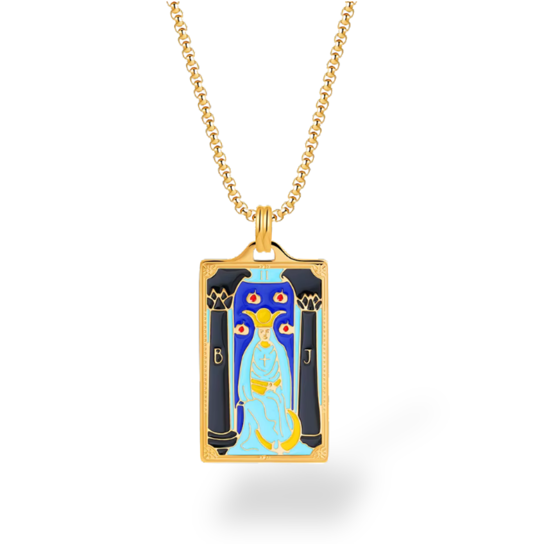 Gold necklace with a rectangular pendant featuring a blue and yellow design on a white background