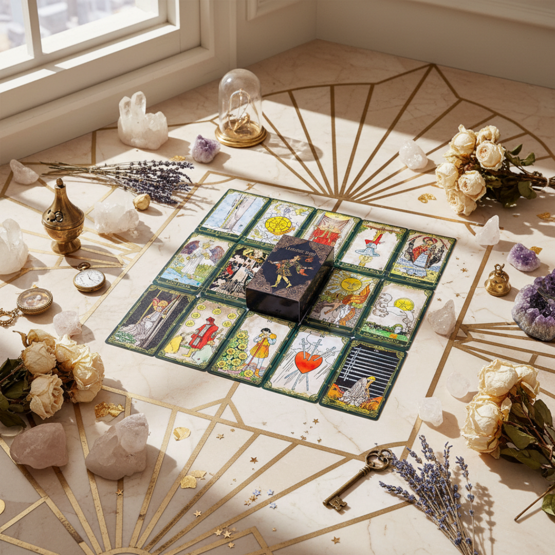 Set of tarot cards on a decorative table with flowers and decor items.