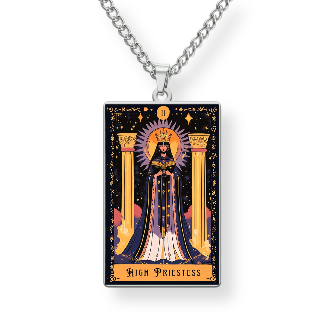 Pendant with 'High Priestess' tarot card design on a white background