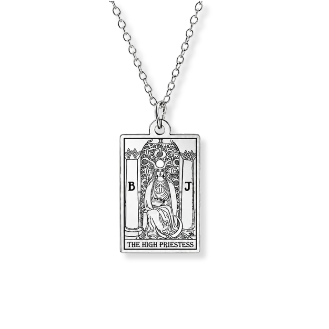 A silver-toned necklace with a rectangular pendant depicting the 'The High Priestess' tarot card, shown against a plain white background.