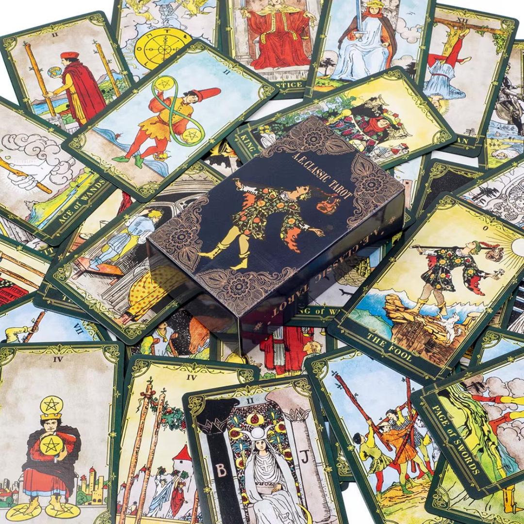 Collection of tarot cards with a deck box in the center.