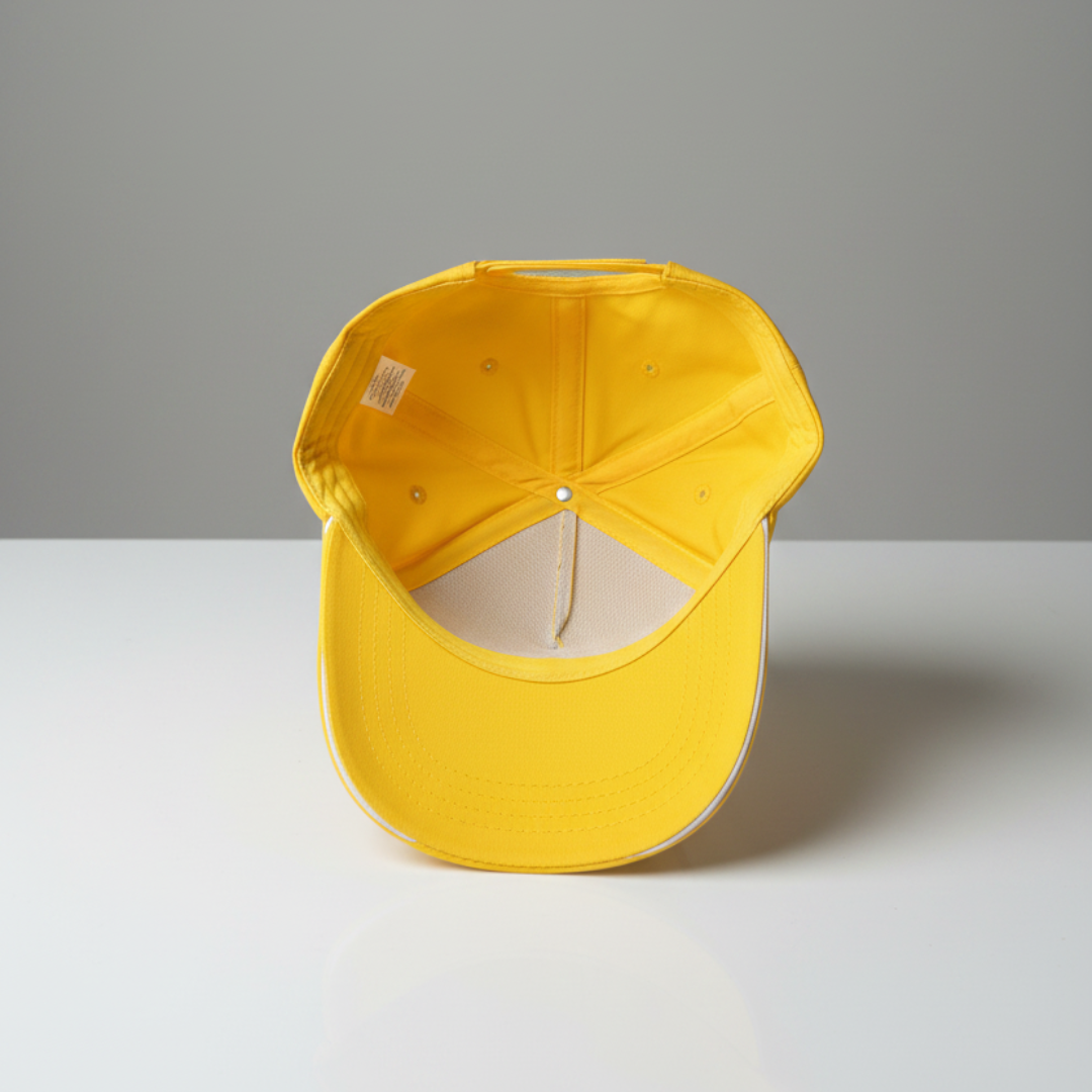 Inside view of a yellow cap on a white surface with a gray background