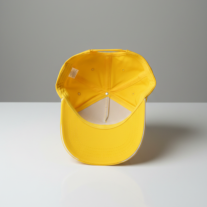 Inside view of a yellow cap on a white surface with a gray background