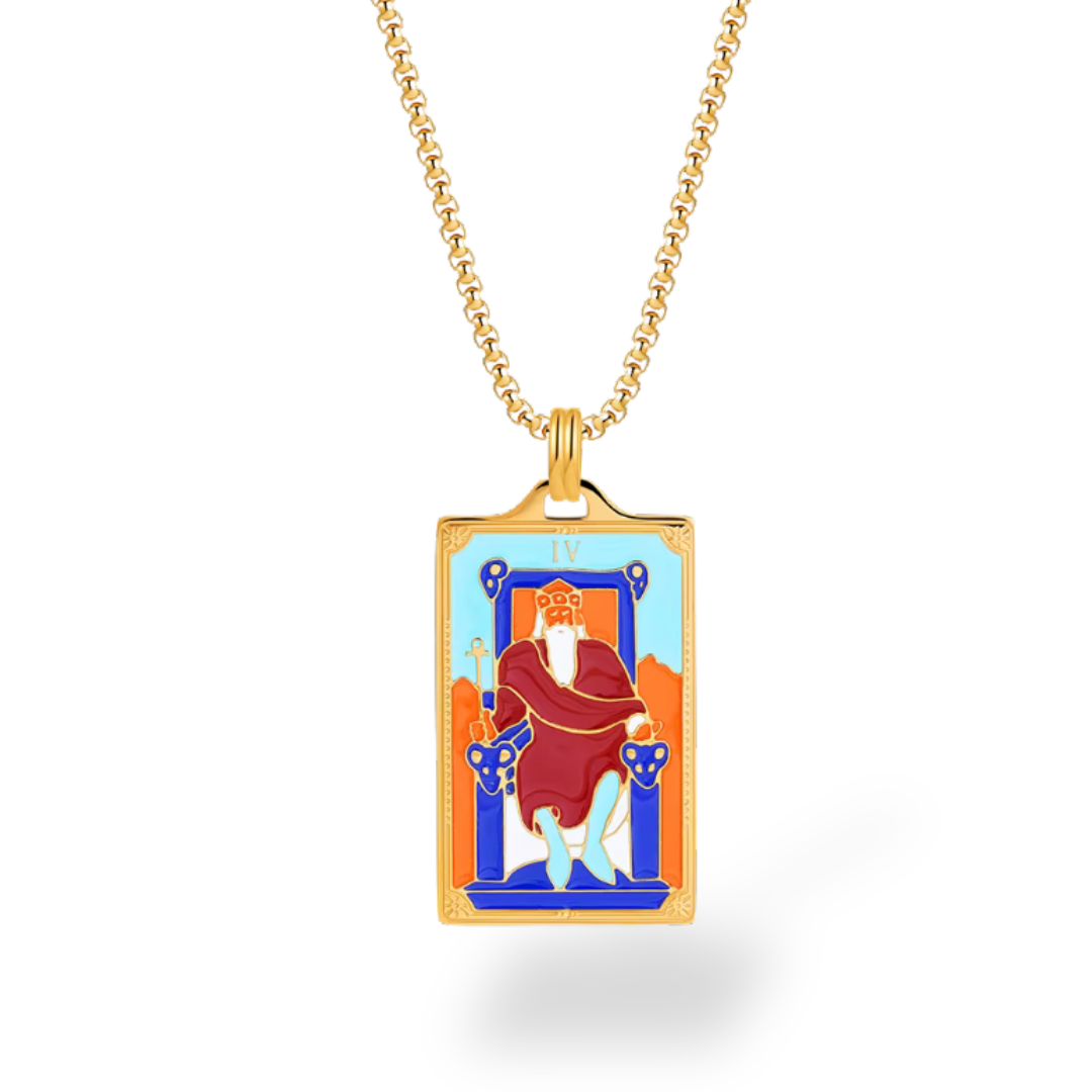Gold pendant with tarot card design on a white background