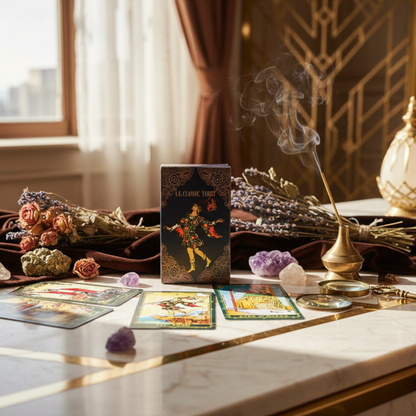 Tarot cards and deck on a table with incense and flowers, in a room with a window and decorative wall.